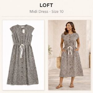 LOFT Brown & Cream Midi Dress Size 10 NWT Drawstring Waist Pockets Cotton Modal